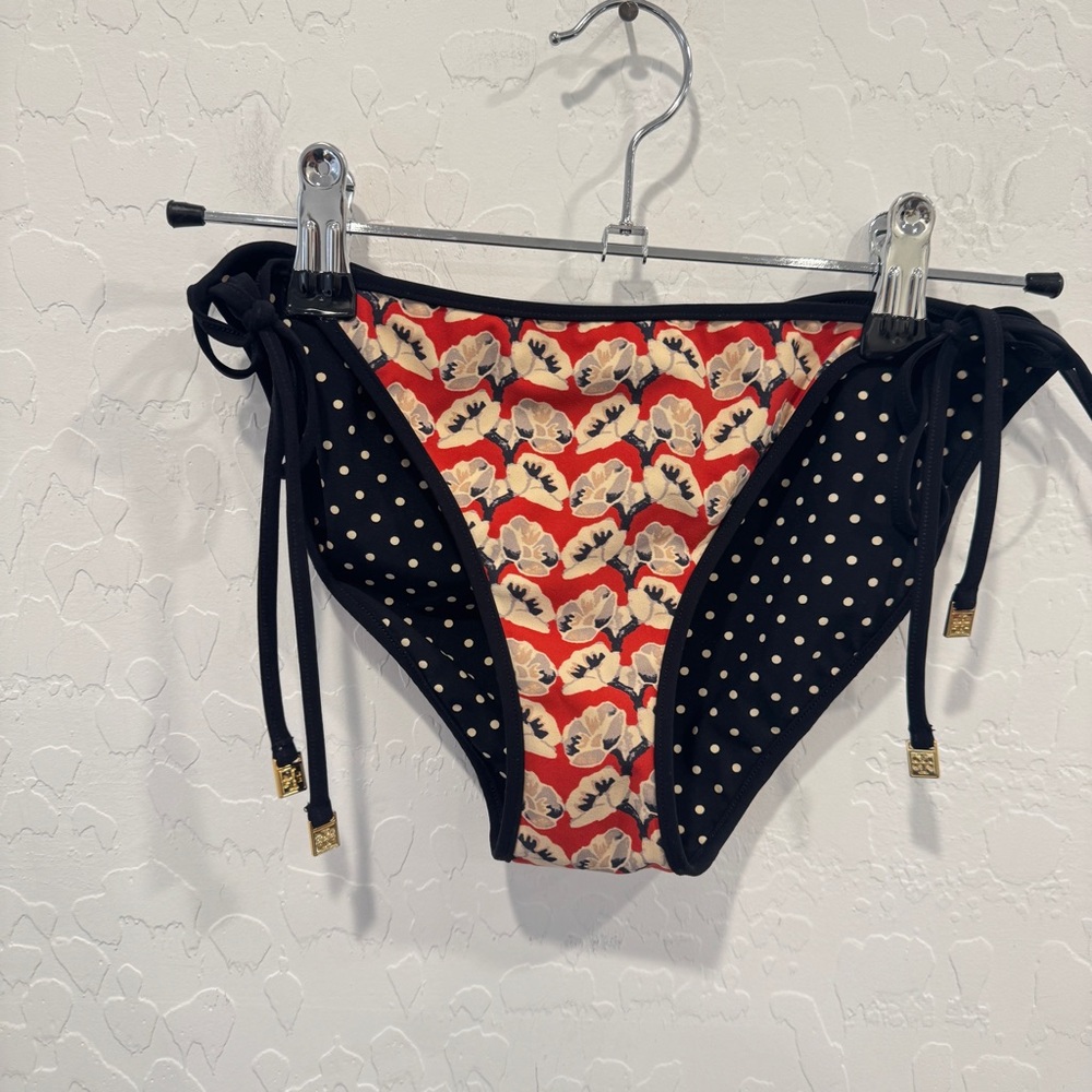 Tory Burch Calyx Reversible Bikini Bottoms Womens Small Polkadot Floral Side Tie